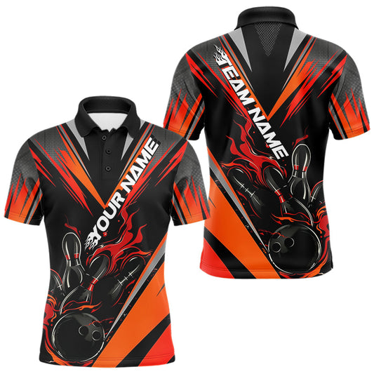Custom Black And Red Flame Bowling Men Polo Shirts, Fire Bowling Tournament Team Outfits IPHW8773