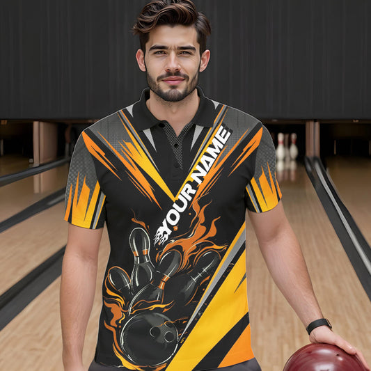Custom Black And Yellow Flame Bowling Men Polo Shirts, Fire Bowling Tournament Team Outfits IPHW8774