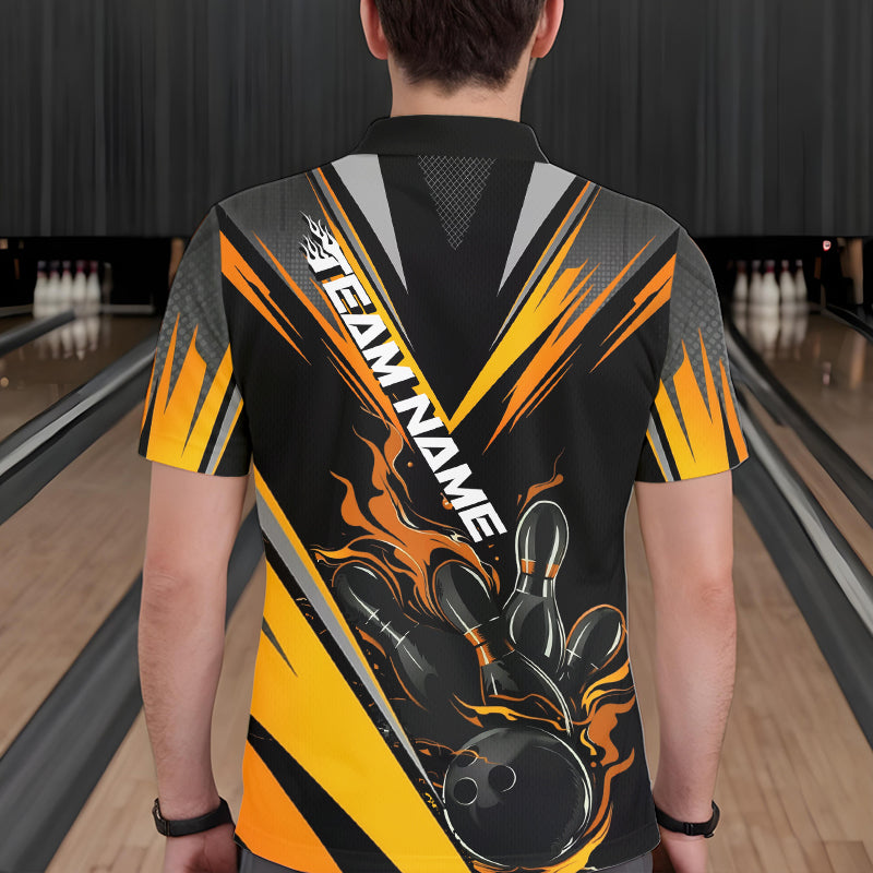 Custom Black And Yellow Flame Bowling Men Polo Shirts, Fire Bowling Tournament Team Outfits IPHW8774