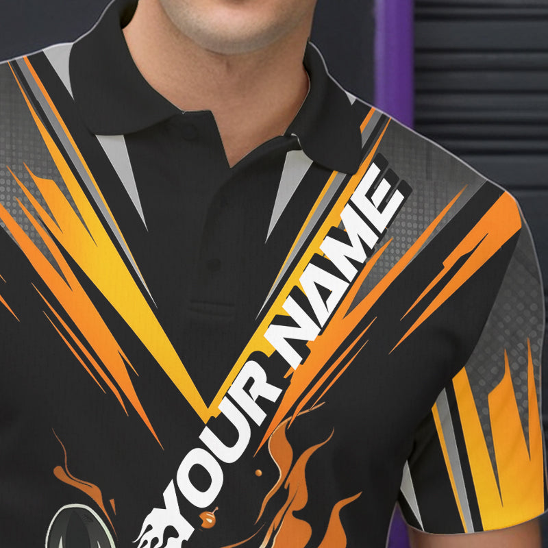 Custom Black And Yellow Flame Bowling Men Polo Shirts, Fire Bowling Tournament Team Outfits IPHW8774