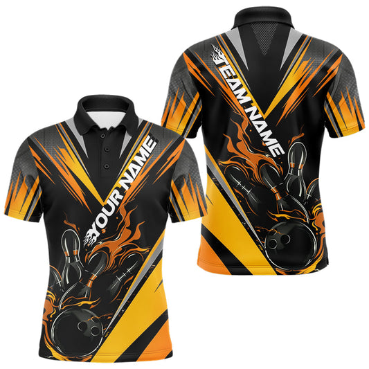 Custom Black And Yellow Flame Bowling Men Polo Shirts, Fire Bowling Tournament Team Outfits IPHW8774