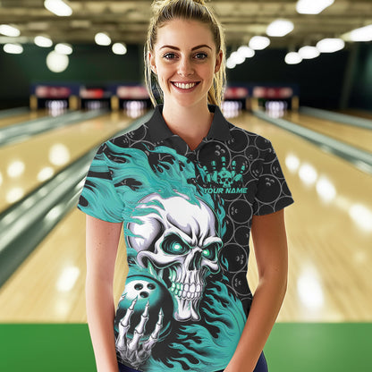 Custom Black And Blue Flame Skull Bowling Women Polo Shirts, Skull Halloween Bowling Outfit IPHW8776