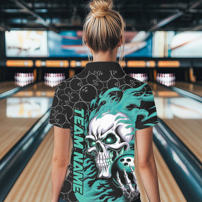 Custom Black And Blue Flame Skull Bowling Women Polo Shirts, Skull Halloween Bowling Outfit IPHW8776