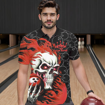 Custom Black And Red Flame Skull Bowling Men Polo Shirts, Skull Halloween Bowling Outfit IPHW8777