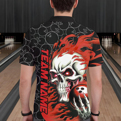 Custom Black And Red Flame Skull Bowling Men Polo Shirts, Skull Halloween Bowling Outfit IPHW8777