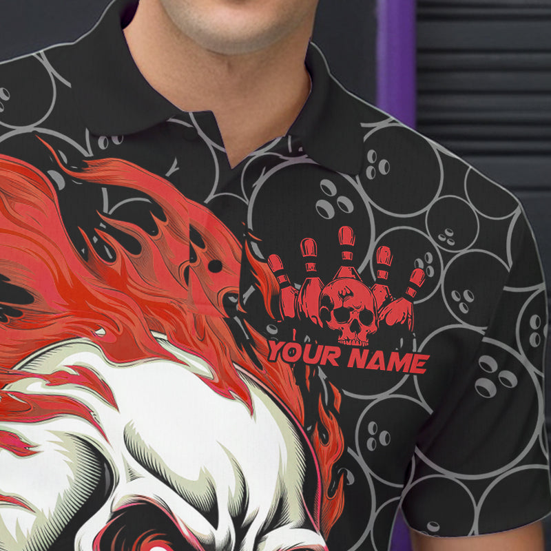 Custom Black And Red Flame Skull Bowling Men Polo Shirts, Skull Halloween Bowling Outfit IPHW8777