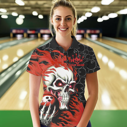 Custom Black And Red Flame Skull Bowling Women Polo Shirts, Skull Halloween Bowling Outfit IPHW8777