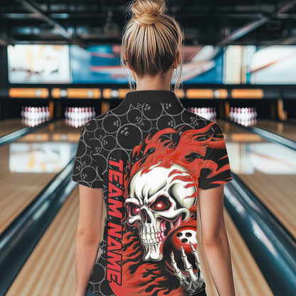 Custom Black And Red Flame Skull Bowling Women Polo Shirts, Skull Halloween Bowling Outfit IPHW8777
