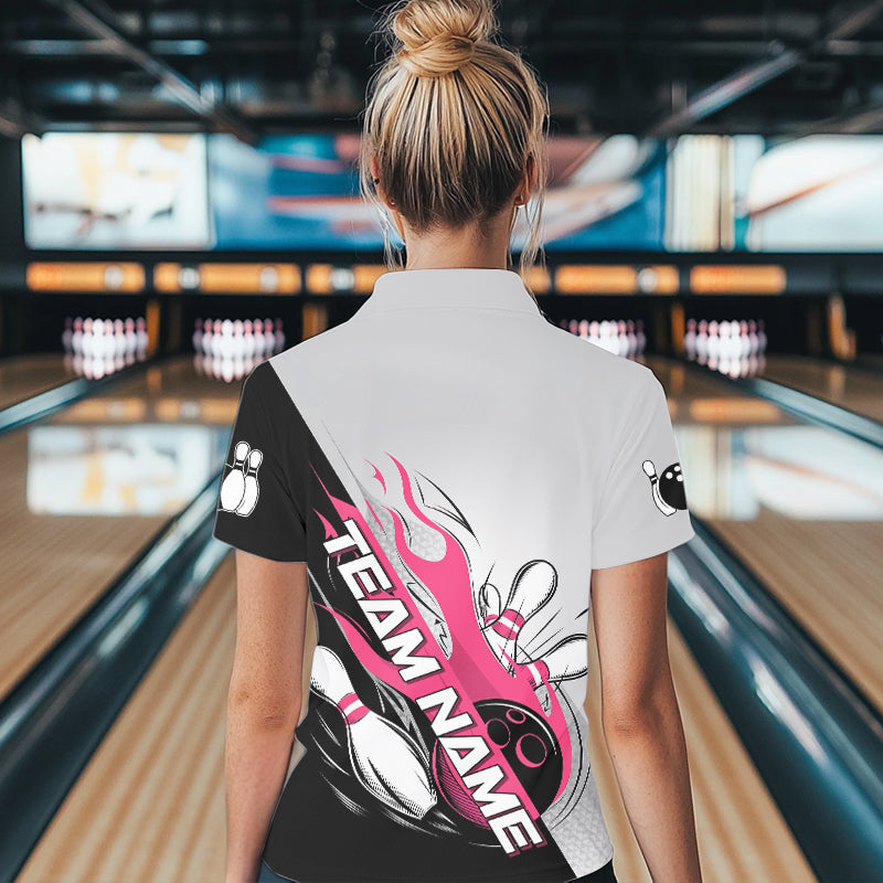 Custom Pink Flame Strike Bowling Women Polo Shirts, Team Uniform Bowling League Shirt IPHW8778