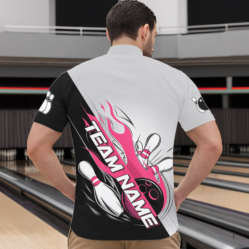 Custom Pink Flame Strike Bowling Men Quarter-Zip Shirts, Bowling Team Uniform Bowling League Shirt IPHW8778