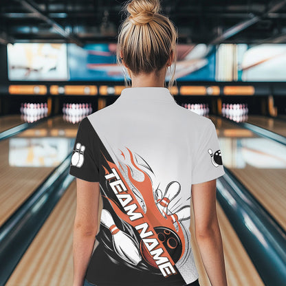 Custom Orange Flame Strike Bowling Women Polo Shirts, Team Uniform Bowling League Shirt IPHW8779