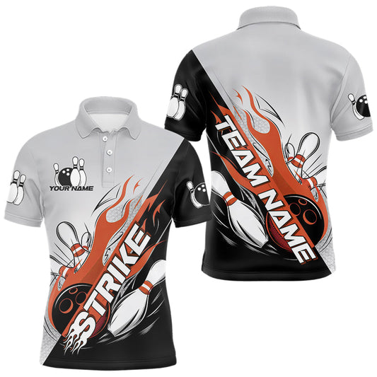 Custom Orange Flame Strike Bowling Men Polo Shirts, Bowling Team Uniform Bowling League Shirt IPHW8779