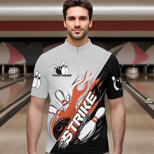 Custom Orange Flame Strike Bowling Men Quarter-Zip Shirt, Bowling Team Uniform Bowling League Shirt IPHW8779