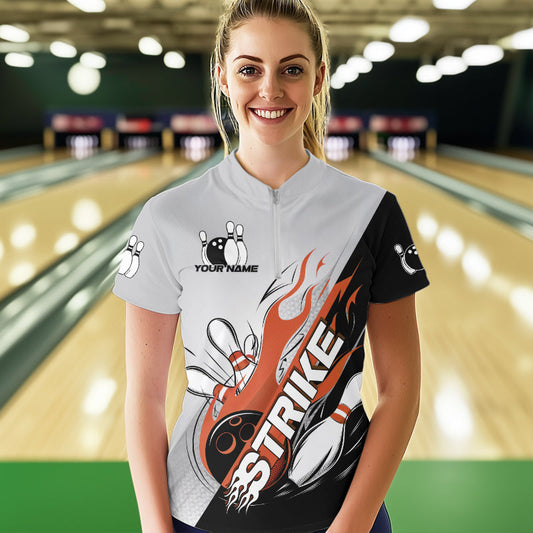 Custom Orange Flame Strike Bowling Women Quarter-Zip Shirts, Team Bowling League Shirt IPHW8779