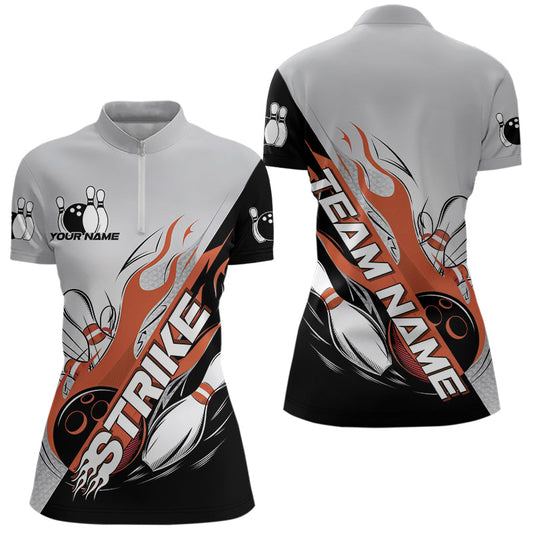 Custom Orange Flame Strike Bowling Women Quarter-Zip Shirts, Team Bowling League Shirt IPHW8779