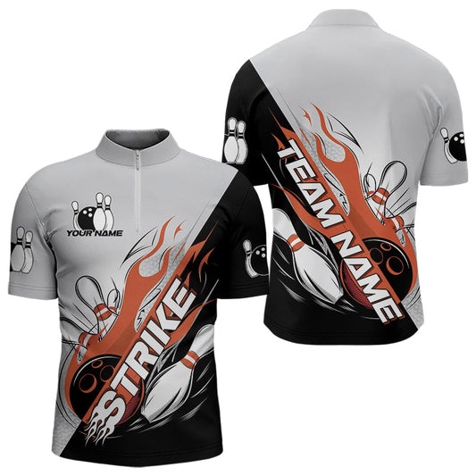 Custom Orange Flame Strike Bowling Men Quarter-Zip Shirt, Bowling Team Uniform Bowling League Shirt IPHW8779