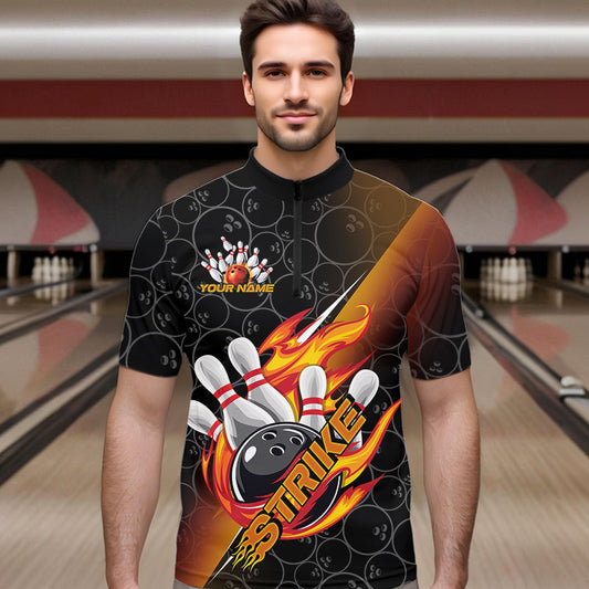 Custom Black And Red Orange Flame Strike Bowling Men Quarter-Zip Shirts, Bowling Ball Pattern Shirt IPHW8781