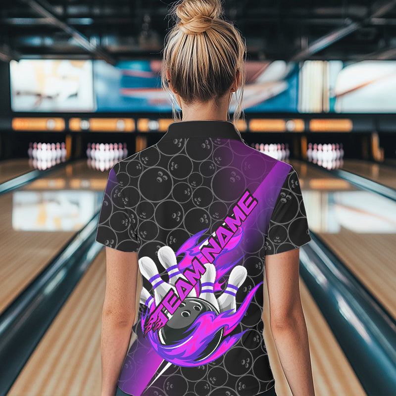 Custom Black And Blue Purple Flame Strike Bowling Women Polo Shirts, Bowling Ball Pattern IPHW8782