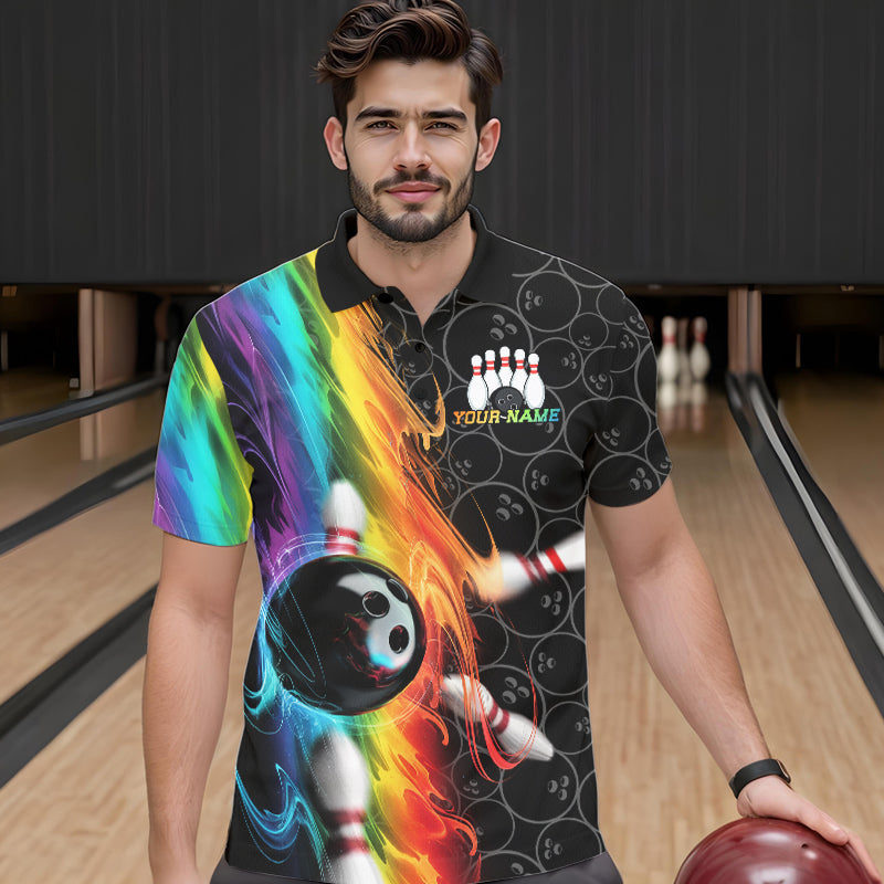 Custom Colorful Rainbow Flame Bowling Team Polo Shirts For Men, Bowling Tournament Outfits IPHW8784