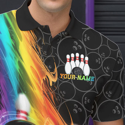 Custom Colorful Rainbow Flame Bowling Team Polo Shirts For Men, Bowling Tournament Outfits IPHW8784
