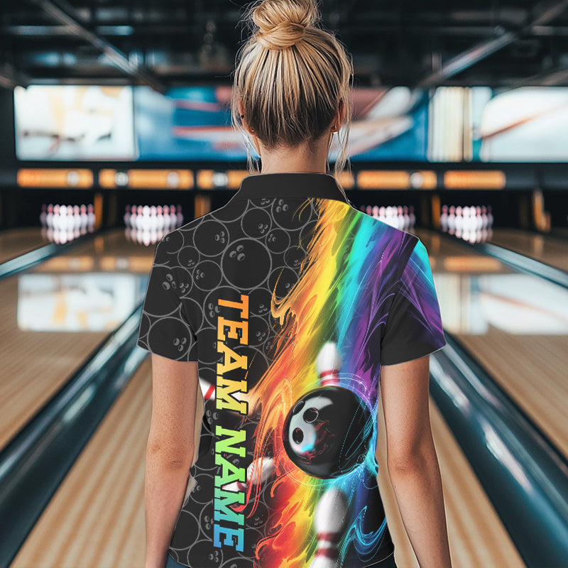 Custom Colorful Rainbow Flame Bowling Team Polo Shirts For Women, Bowling Tournament Outfit IPHW8784
