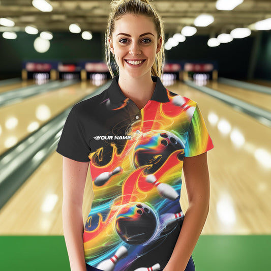 Custom Rainbow Flame Bowling Team Polo Shirts For Women, Colorful Bowling League Shirt IPHW8786