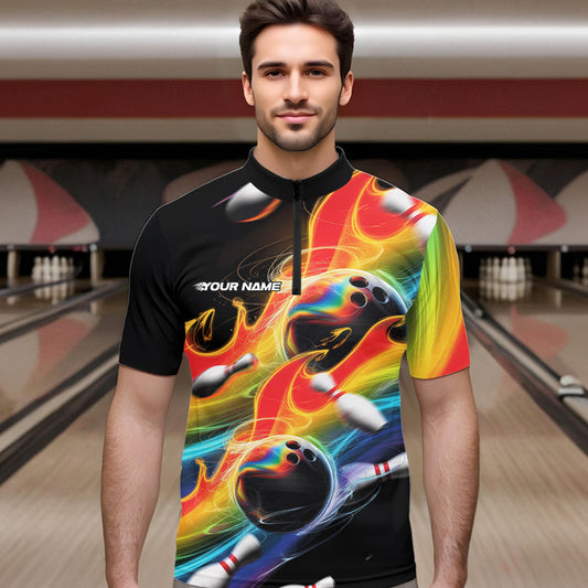 Custom Rainbow Flame Bowling Team Quarter-Zip Shirts For Men, Colorful Bowling League Shirt IPHW8786