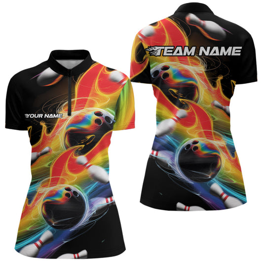 Custom Rainbow Flame Bowling Team Women Quarter-Zip Shirts, Colorful Bowling League Shirt IPHW8786