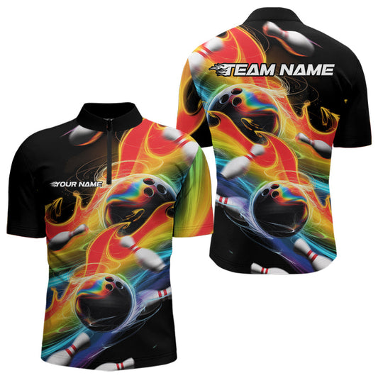 Custom Rainbow Flame Bowling Team Quarter-Zip Shirts For Men, Colorful Bowling League Shirt IPHW8786