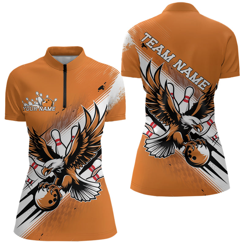 Custom Orange Bowling Jerseys, Eagle Bowling Women Quarter-Zip Shirts Team Bowlers Uniform IPHW8787