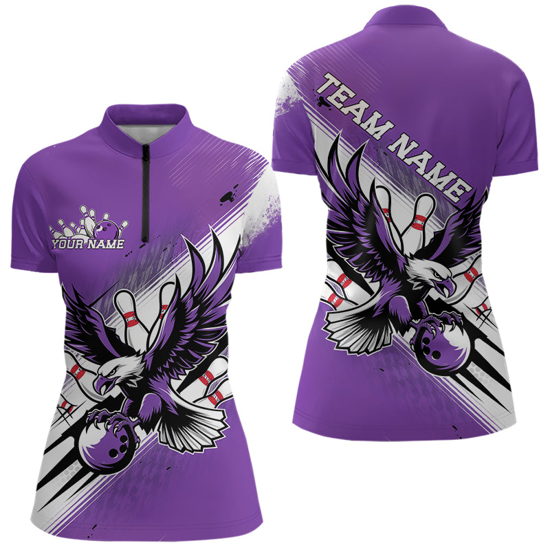 Custom Purple Bowling Jerseys, Eagle Bowling Women Quarter-Zip Shirts Team Bowlers Uniform IPHW8788