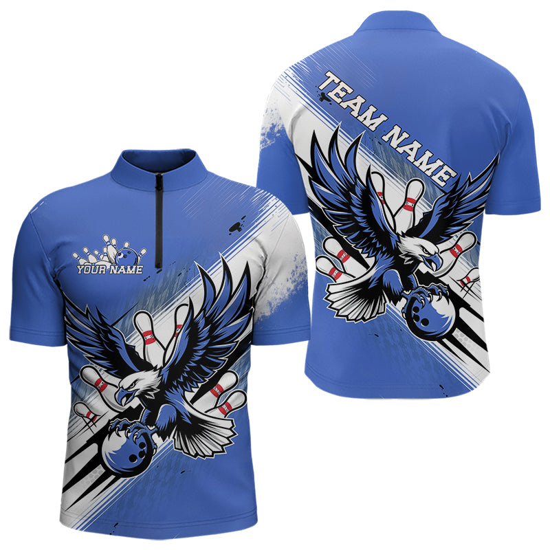 Custom Blue Eagle Bowling Jerseys, Eagle Bowling Men Quarter-Zip Shirts Team Uniform Bowlers Outfit IPHW8789