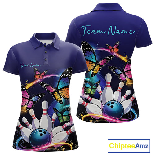 Custom Colorful Butterfly Bowling Women Polo Shirts With Team Name, Bowlers Outfit IPHW9012