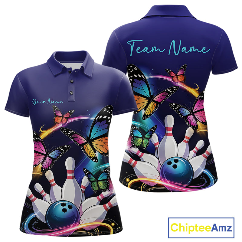 Custom Colorful Butterfly Bowling Women Polo Shirts With Team Name, Bowlers Outfit IPHW9012
