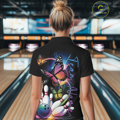Custom Colorful Butterfly Bowling Women Polo Shirts With Team Name, Bowling Uniform IPHW9013