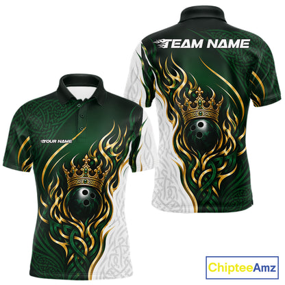 Custom White And Green Irish Tribal Pattern Bowling Ball With Crown Men Polo Team Shirt IPHW11697
