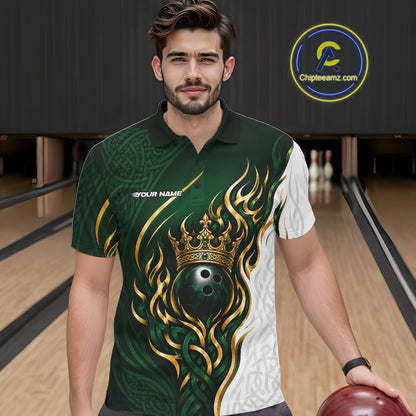 Custom White And Green Irish Tribal Pattern Bowling Ball With Crown Men Polo Team Shirt IPHW11697