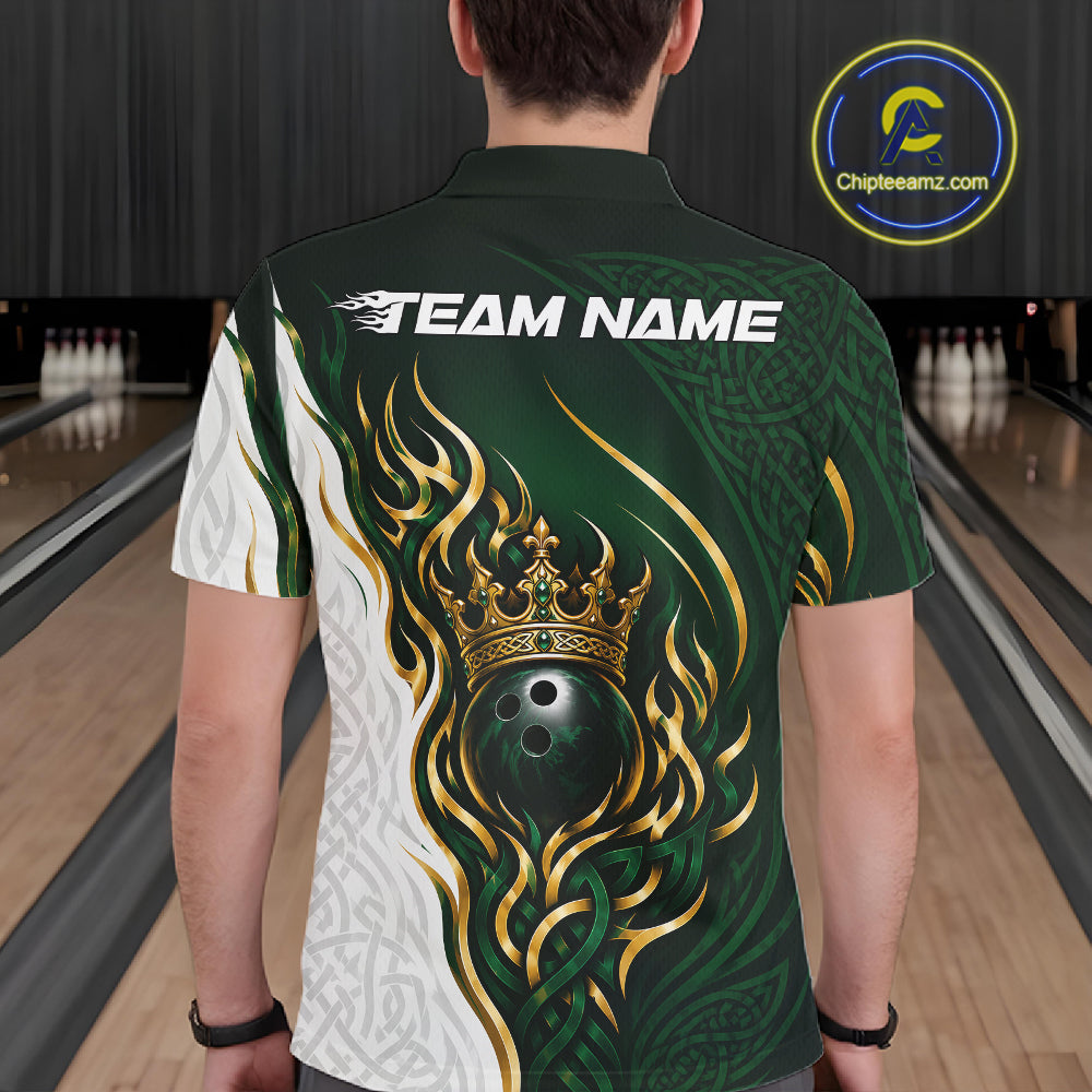 Custom White And Green Irish Tribal Pattern Bowling Ball With Crown Men Polo Team Shirt IPHW11697