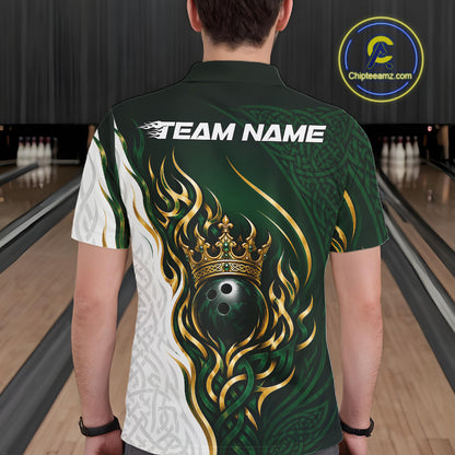 Custom White And Green Irish Tribal Pattern Bowling Ball With Crown Men Polo Team Shirt IPHW11697