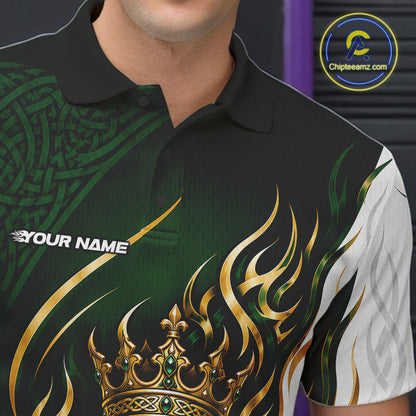 Custom White And Green Irish Tribal Pattern Bowling Ball With Crown Men Polo Team Shirt IPHW11697
