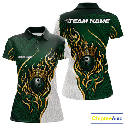 Custom White And Green Irish Tribal Pattern Bowling Ball With Crown Women Polo Team Shirt IPHW11697