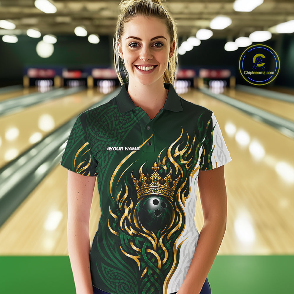 Custom White And Green Irish Tribal Pattern Bowling Ball With Crown Women Polo Team Shirt IPHW11697