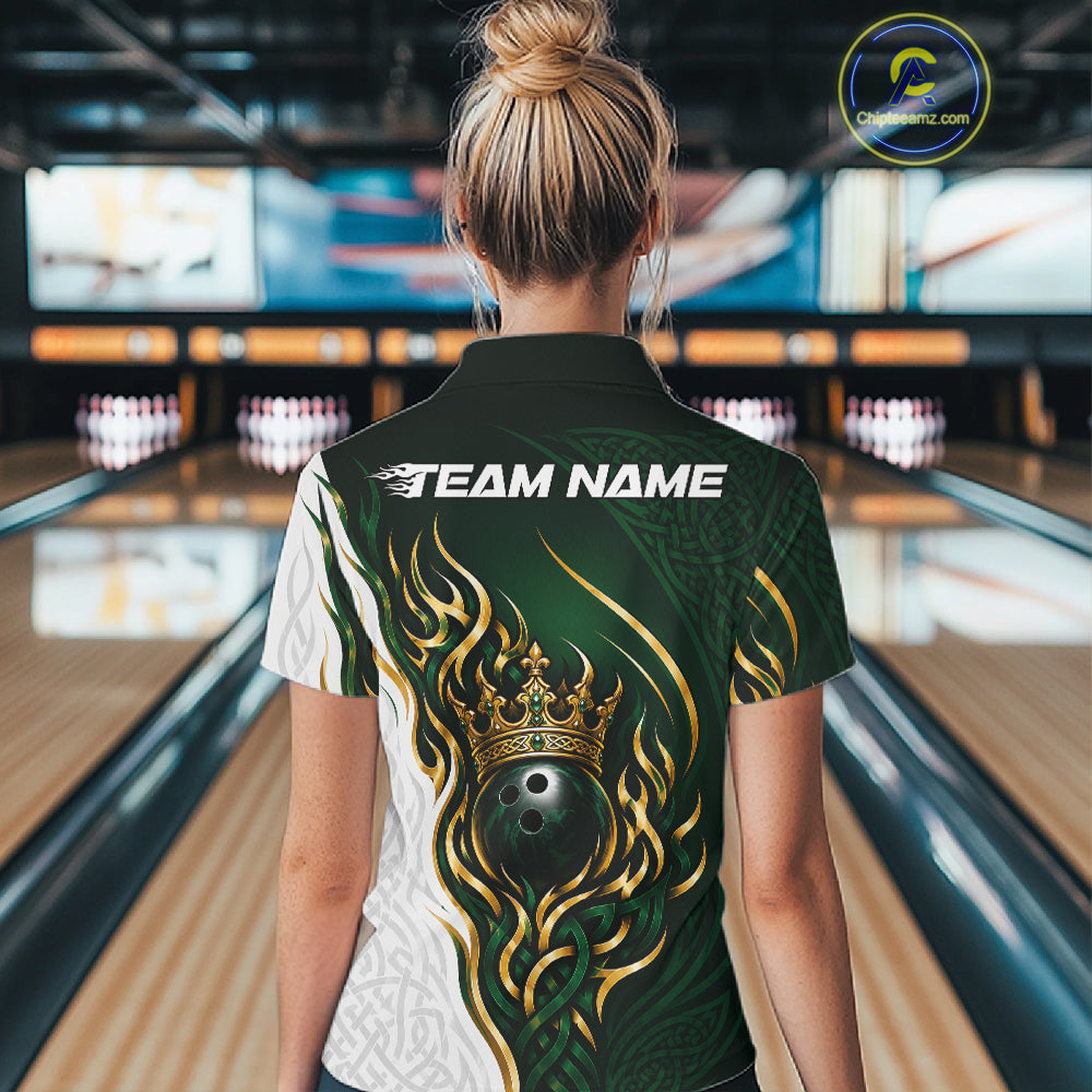 Custom White And Green Irish Tribal Pattern Bowling Ball With Crown Women Polo Team Shirt IPHW11697