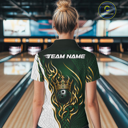 Custom White And Green Irish Tribal Pattern Bowling Ball With Crown Women Polo Team Shirt IPHW11697
