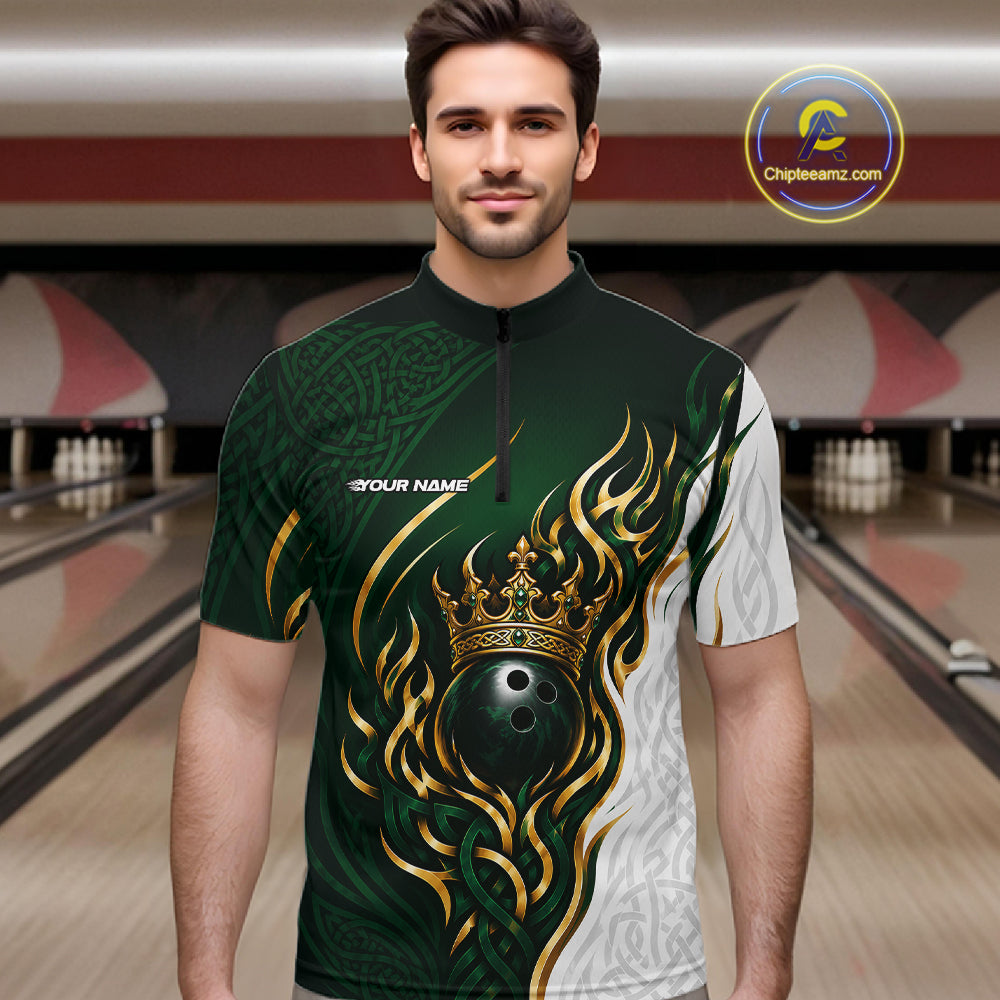 Custom White And Green Irish Tribal Pattern Bowling Ball With Crown Men Quarter Zip Team Shirt IPHW11697