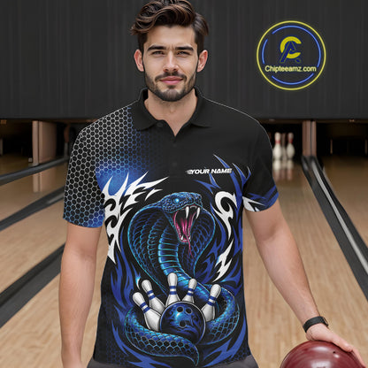 Custom Black And Blue Tribal Cobra Snake Bowling Jerseys Bowling Men Polo Shirt IPHW11711