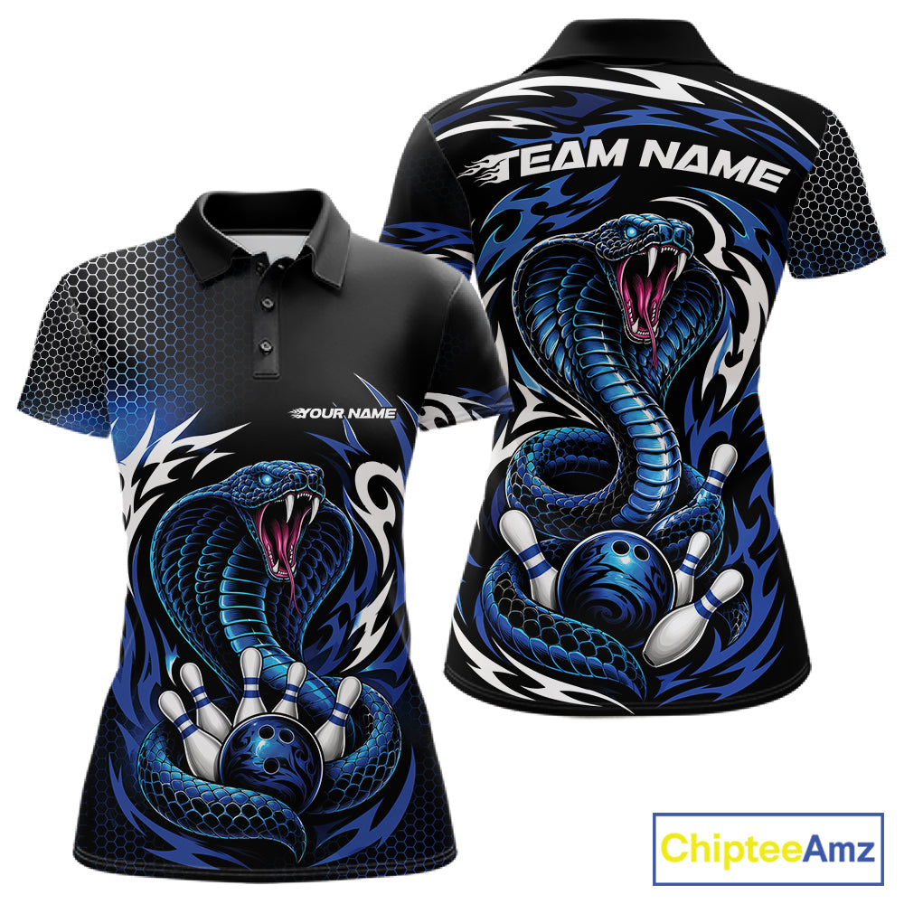 Custom Black And Blue Tribal Cobra Snake Bowling Jerseys Bowling Women Polo Shirt IPHW11711