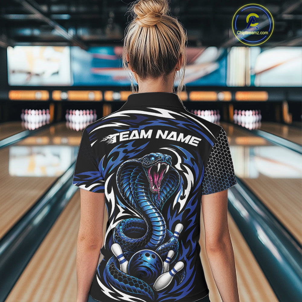 Custom Black And Blue Tribal Cobra Snake Bowling Jerseys Bowling Women Polo Shirt IPHW11711
