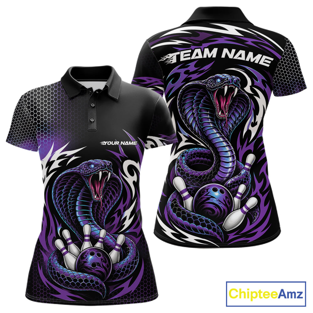 Custom Black And Purple Tribal Cobra Snake Bowling Jerseys Bowling Women Polo Shirt IPHW11712