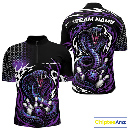 Custom Black And Purple Tribal Cobra Snake Bowling Jerseys Bowling Men Quarter Zip Shirt IPHW11712